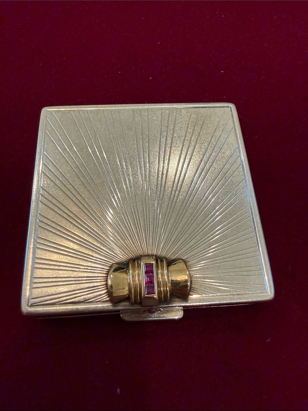 Tiffany & Co. 1920's Sterling Silver Compact with 14k Gold Clasp and Rubies